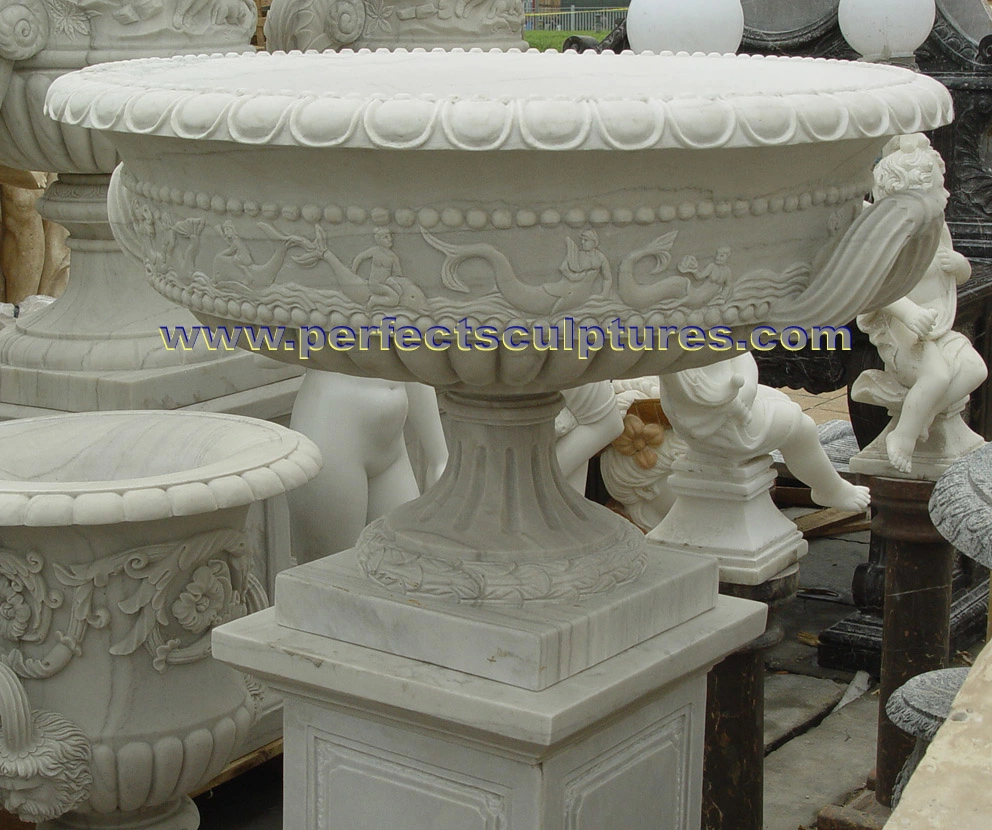 Indoor Decorative Antique Carved Stone White Marble Carving Flower Urn for Garden Decoration (QFP332)