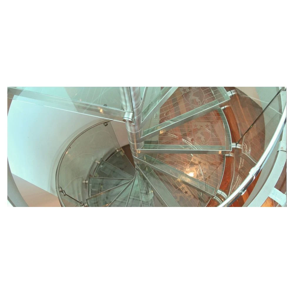 Prima Eclectic Round Household Steel and Wood Spiral Stair Central Column Glass Staircase