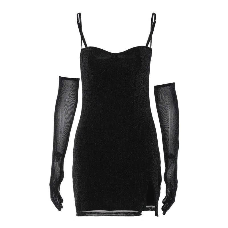 Moda vestido Bustier saia curta de seda brilhante Suspensórios Dedos apertado elegante vestido de Ouro