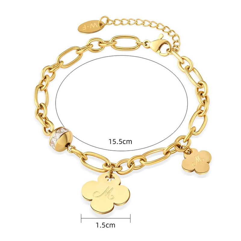 Stainless Steel Charm Bracelet with Four-Leaf Clover Lettering