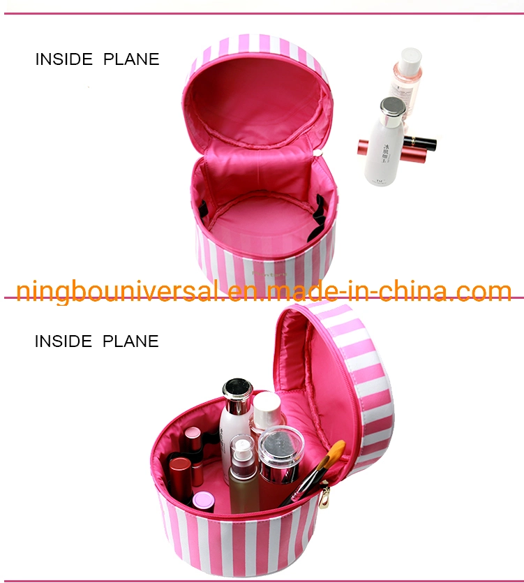 Women Pink PU Handle Travel Cylinder Round Cosmetic Bags Cases