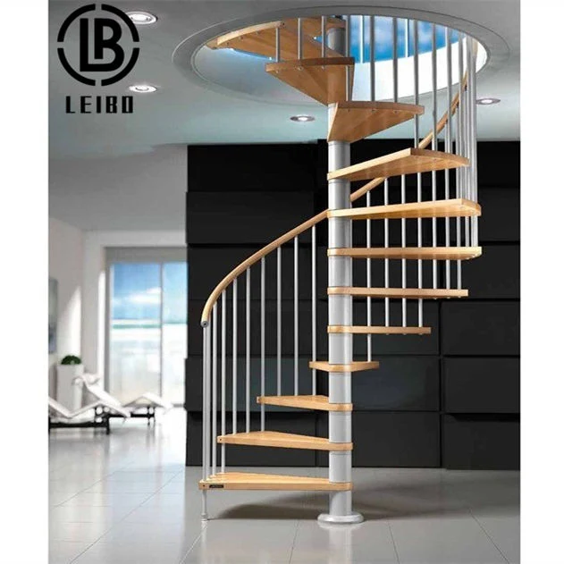 Diseño de escalera de paso de madera sólida interior comercial Acero inoxidable curvo Escaleras