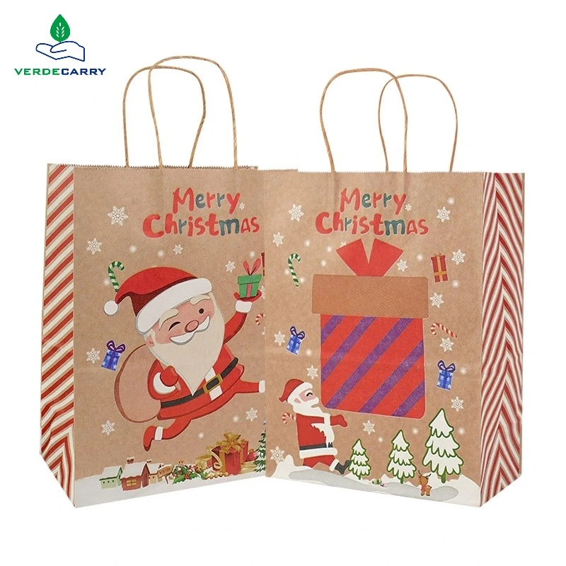 Wholesale Christmas Paper Gift Box Bag Packaging Merry Christmas Biodegradable Kraft Paper Shopping Gift Kraft Carry Bag for Festival