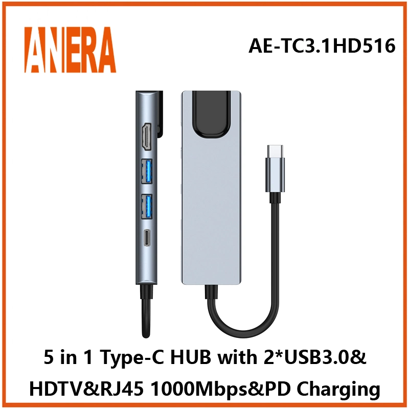 Anera High Performance 5 in 1 Multifunktions-USB C tragbar Nabenadapter-Konverter Typ C mit 1000Mbps LAN USB3,0 Hub Pd-Ladefunktion und HDMI