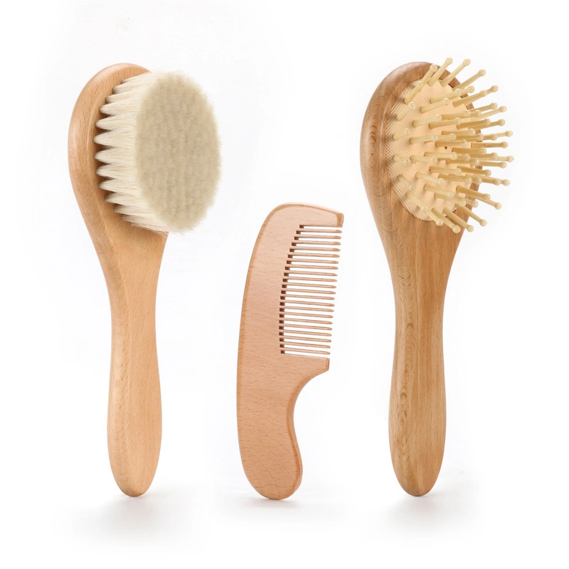 Commerce de gros poils de chèvre doux naturel Socle en bois et le peigne Brosse brosse bébé fixés pour les nouveau-nés Toddler