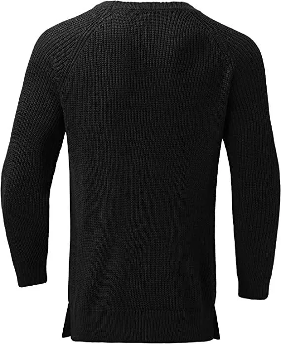 Custom Logo Sweaters Mens Fall Winter Pullover Hem Side Split Solid Warm Loose Casual Crewneck Knitted Jumper Tops Fashion Plain Long Sleeve Sweater