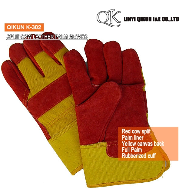 K-37 Gris Split Cow Palma completa Liner pegado Cuff Canvas Guantes de seguridad de cuero para trabajar