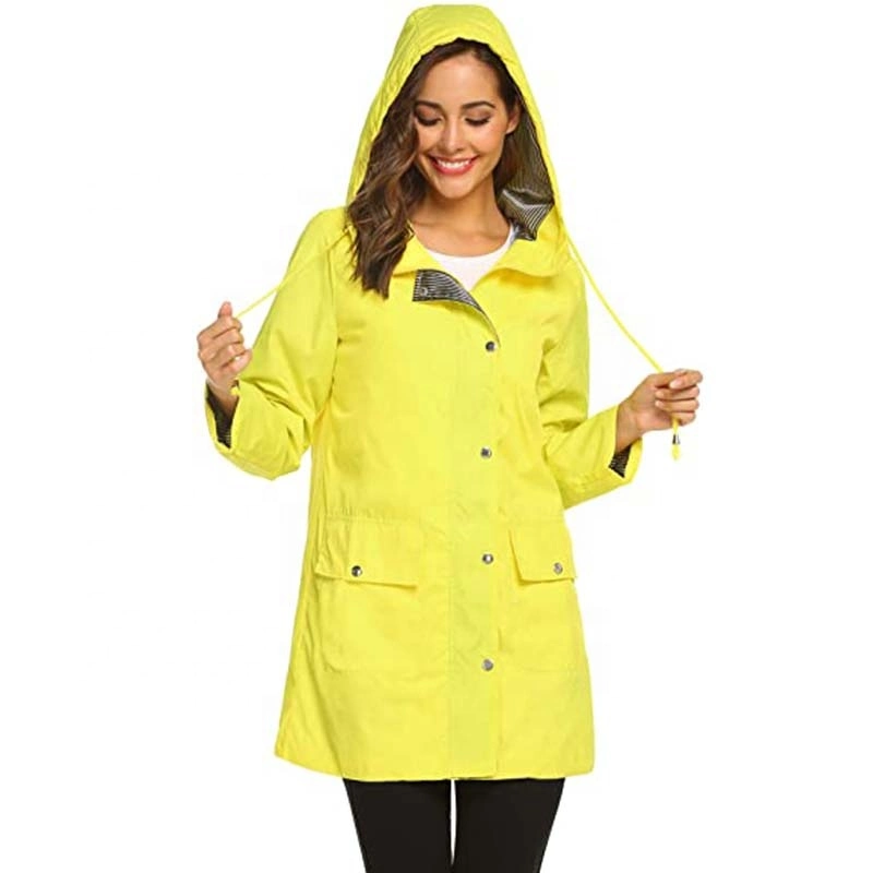 100% Polyester Fabric with Yellow PU Raincoat Long Trench Coat