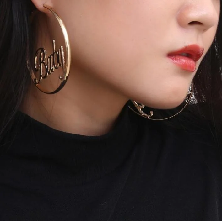 Large Circle Letter Earrings Simple Geometric Baby English Letter Hollow Earrings Women