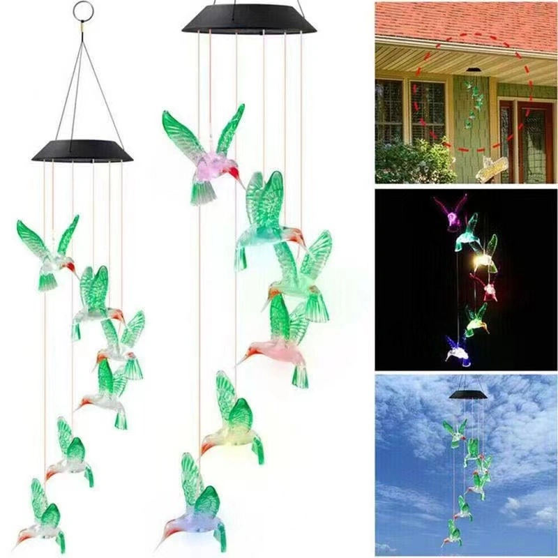 Outdoor Waterproof Solar Hummingbird Butterfly Heartshape Snowball Snowman Wind Bell Hanging Light