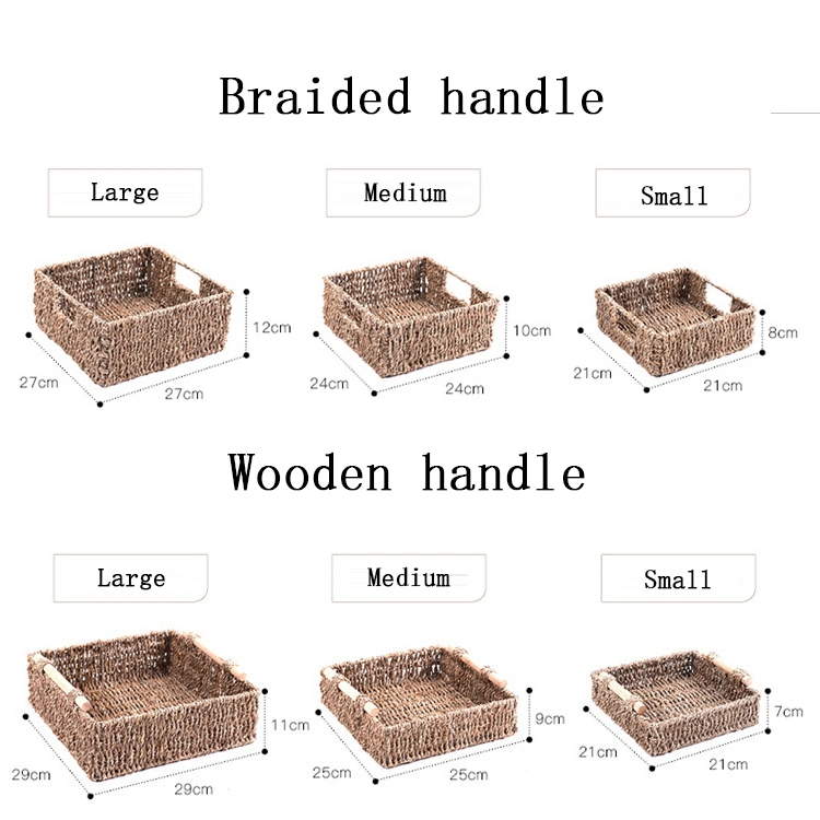 Gras Gewebter Holzgriff Handgefertigte Stroh Gewebte Desktop-Aufbewahrungskorb Aufbewahrungsbox