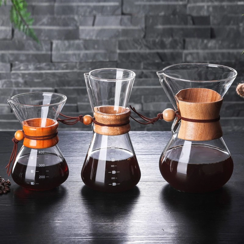 Venta caliente Pour-Over 1-3 en el cuello de madera de la Copa Maker 6 tazas de papel natural de la serie clásica relación de café de filtro de cristal Vierte Chemex