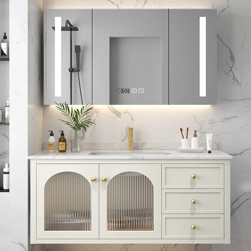 Meuble de salle de bain mural de conception extérieure exquise de couleur grise de 120 cm avec armoire de toilette de design irrégulier et miroir LED.