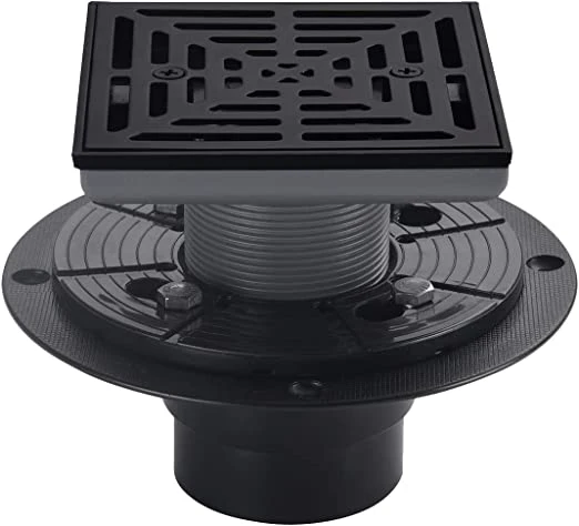 4 Inch Black Shower Drain Square Base with Adjustable Drain Flange Kit