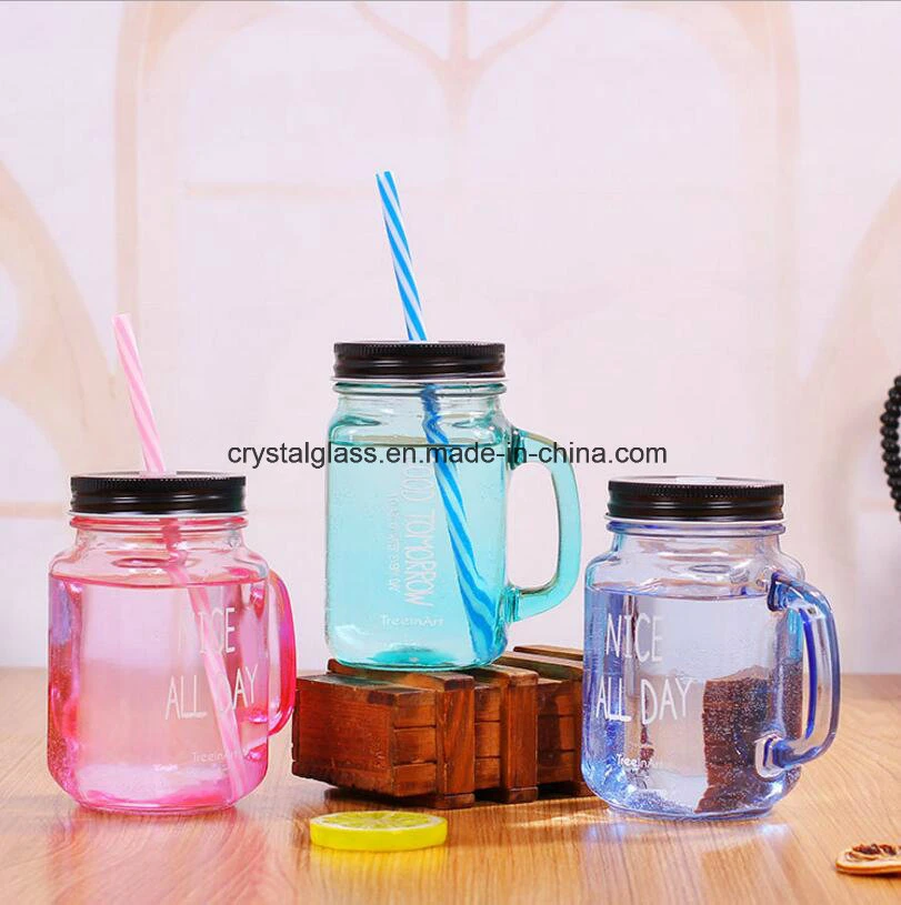 Embossed Glass Bottle Mason Jar with Handle for Milk Shake and Smoothie