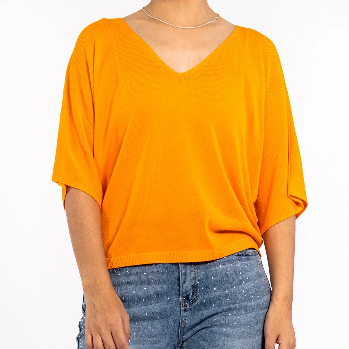 Summer Fashion Orange V-Neck Slim Lightweight Short Sleeve Sweater for Women