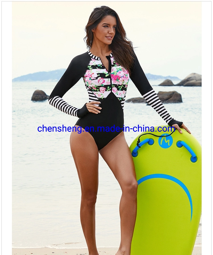 New One Piece Long Sleeves Women Swimwear Floral Print Bathing Suit Lady Swim Surfing Wear