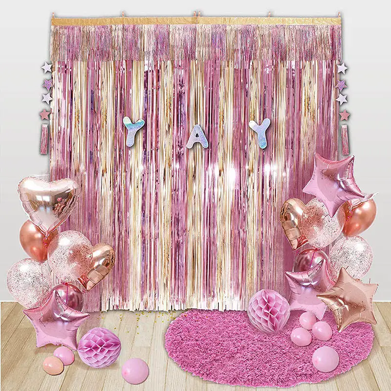 Birthday Party Backdrop Decoration Pink Star Window Door Tinsel Foil Fringe Curtains