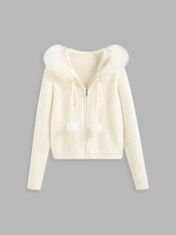 Fuzzy Zip Encapuchados de Cardigan de lana tejidos de moda Otoño costillas mujer suéter personalizado