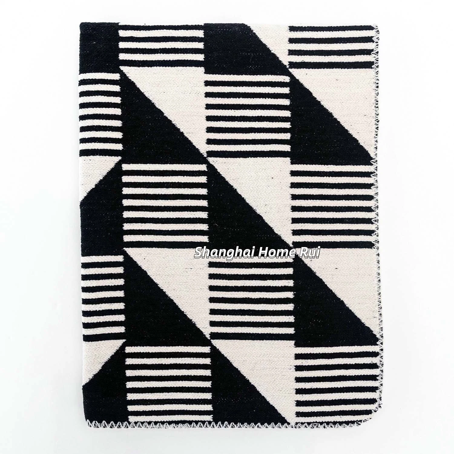 Home Outdoor Travel Bed Sofa Car Soft Warm Kids Baby Black White Over Locked Edge Woven Jacquard Geometric Striped Throw Blanket Cover