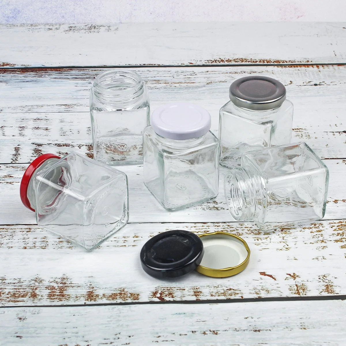 Wholesale/Supplier Empty Square Clear Food Storage Container Honey Glass Jar with Metal Lid