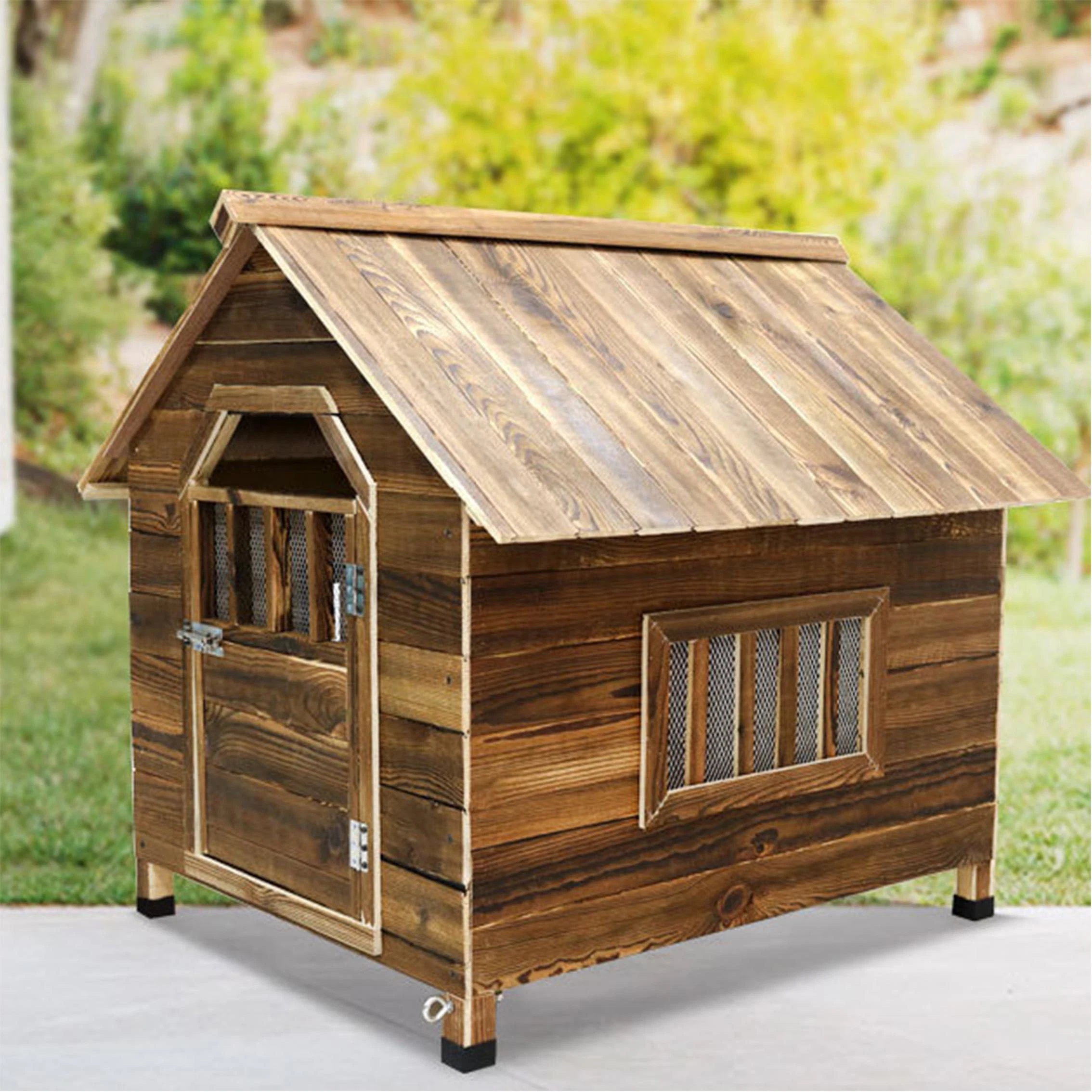 Jaula de perro de madera maciza resistente al agua, carbonizada y anticorrosiva, para uso en exteriores e interiores, casa de perro de madera maciza, mueble de villa para mascotas Amaw-0127.