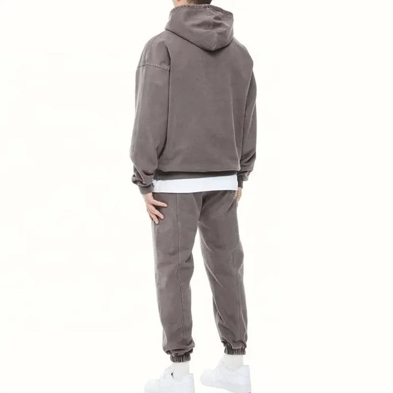 Vintage Washed Long Sleeve Men Fleece Sweatsuits Hooded Tops & Jogger Pants Tracksuit