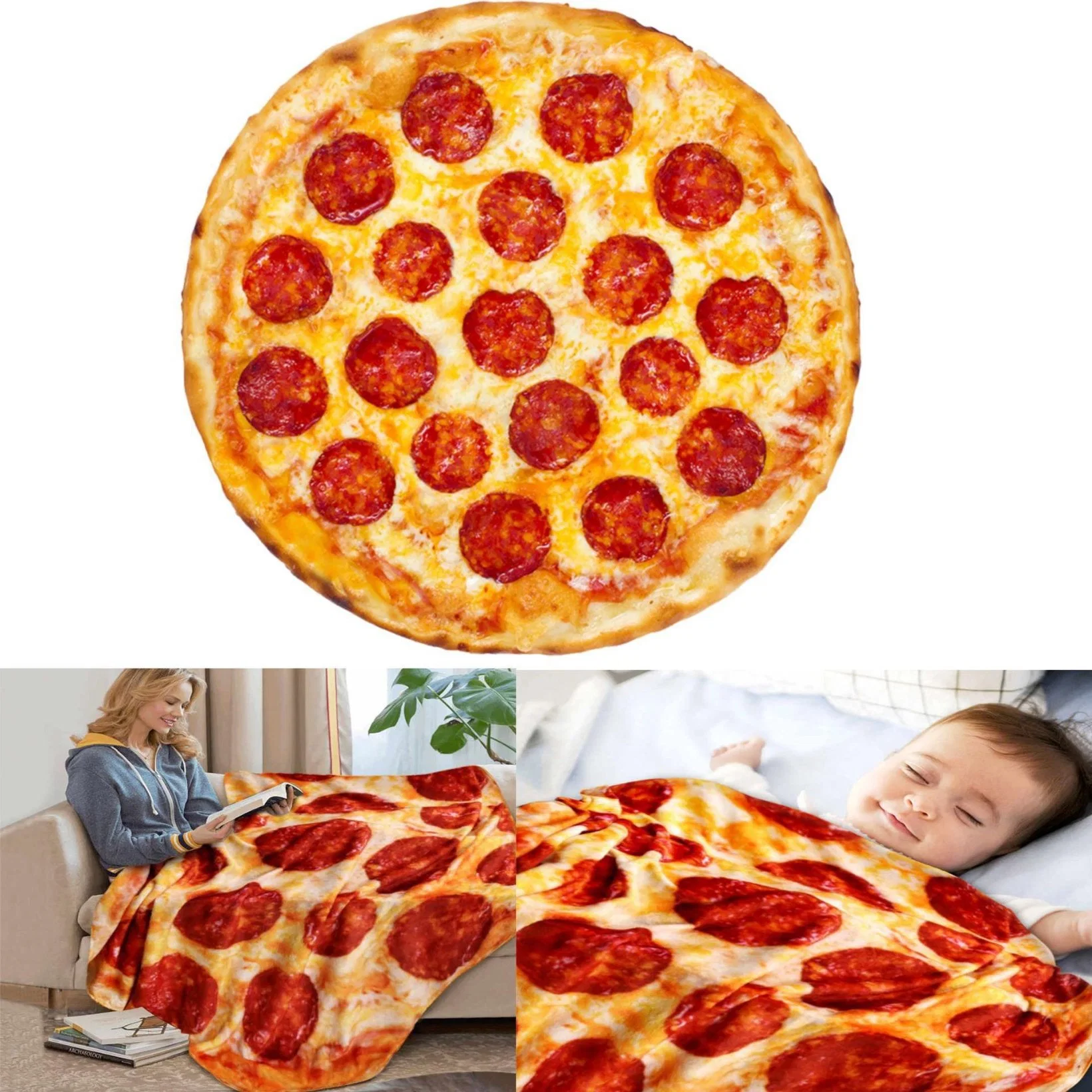 Pizza Blanket Double Sided Funny Realistic Food Adult Size Blanket Pizza Throw Round Blanket for Bed Sofa Picnic