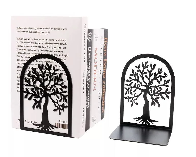 Black Tree of Life Bookends Non-Slip Metal Bracket Heavy Book Stopper for Office Home