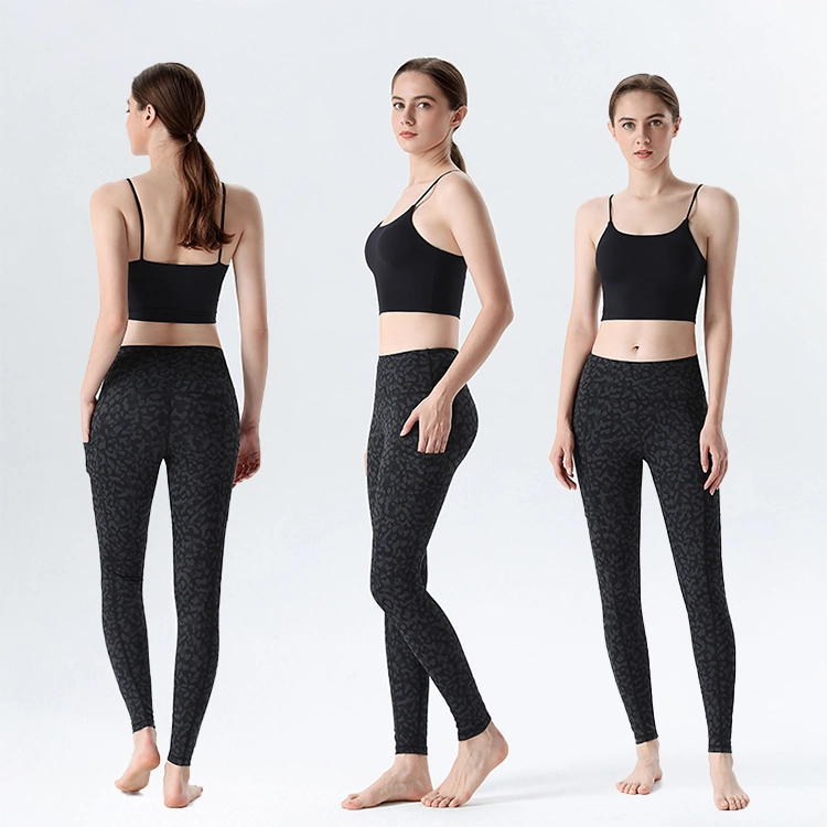 Leggings de yoga personalizados al por mayor bolsillo leopardo Deporte impreso Gimnasio de entrenamiento Pantalones ajustados a la piel