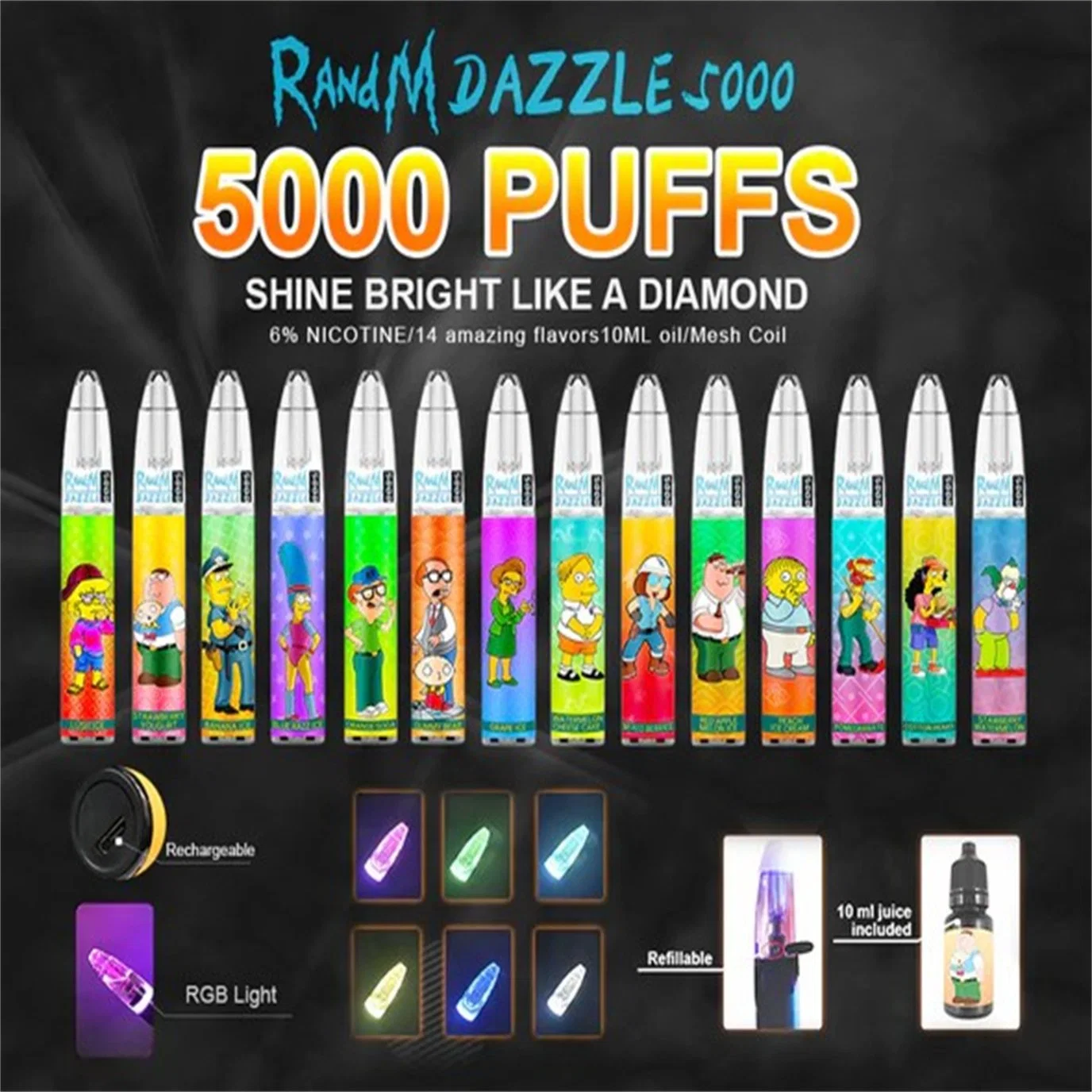 2022 New Randm Dazzle 5000 Puffs Disposable/Chargeable Pod Device Kit vape Rechargeable Battery Prefilled 10ml Cartridge Vape Pen Authentic Vs Air Max Puff Bars