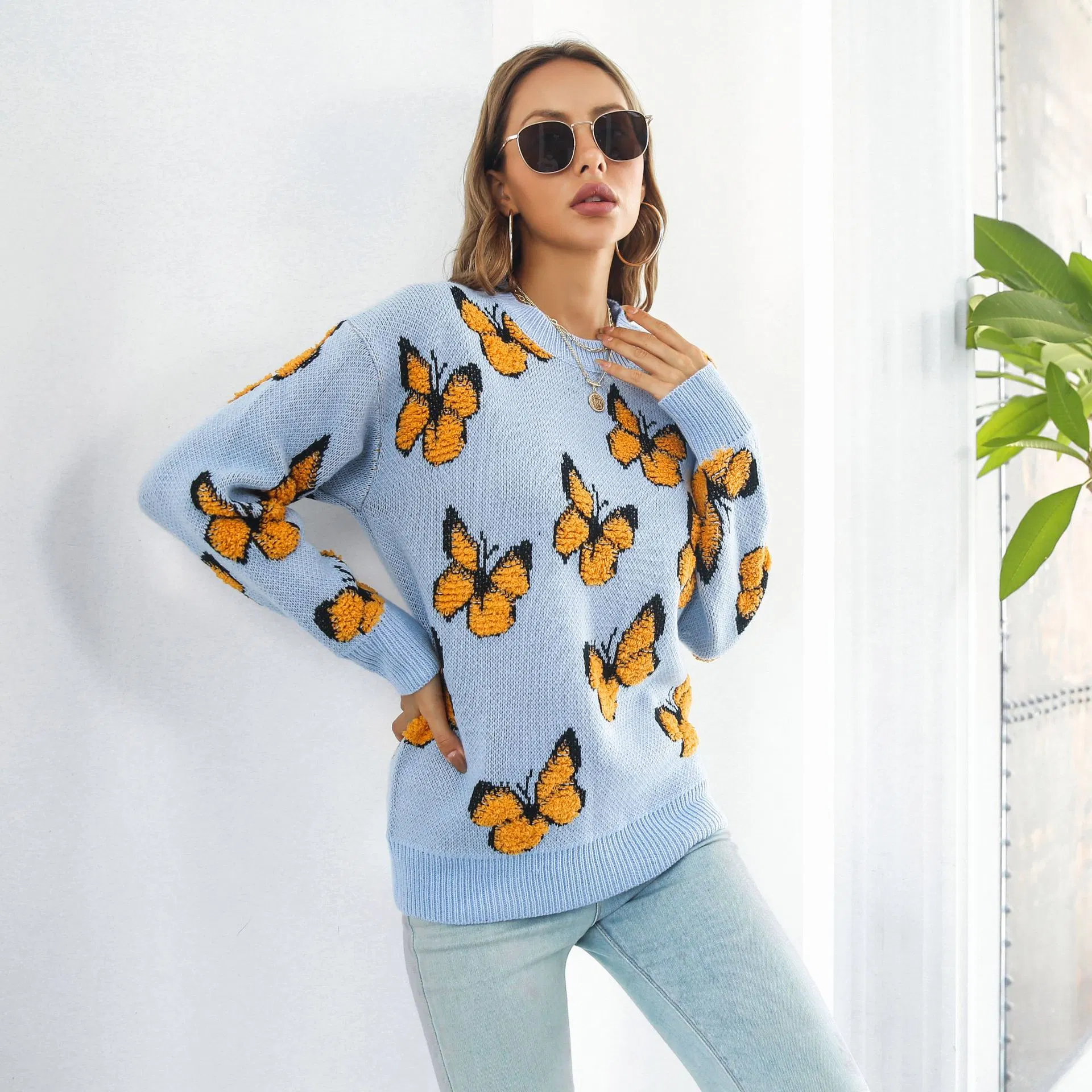 Mariposa estereoscópica de la Mujer Camiseta manga larga y holgada tejer