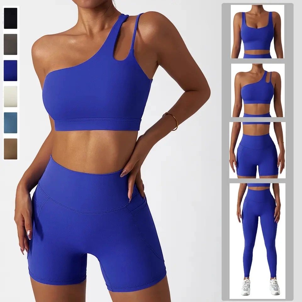 New Fashion 2/3/4PCS Set Womens Lulu Style Yoga Wear for Indoor & Outdoor Activities, Single Shoulder Sports Bra Workout Shorts with Pockets Fitness Outfits