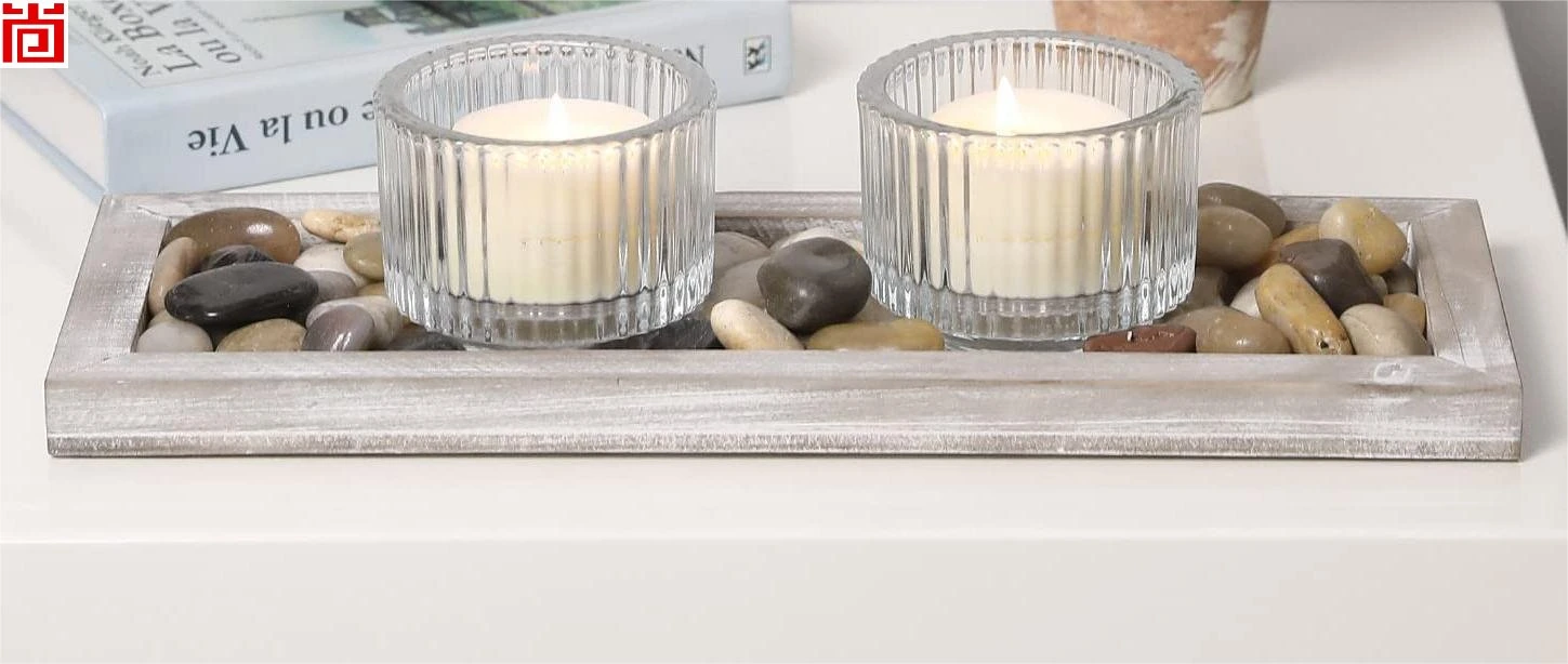 Decorative Glass Candle Holder Set with Whitewashed Wood Tray