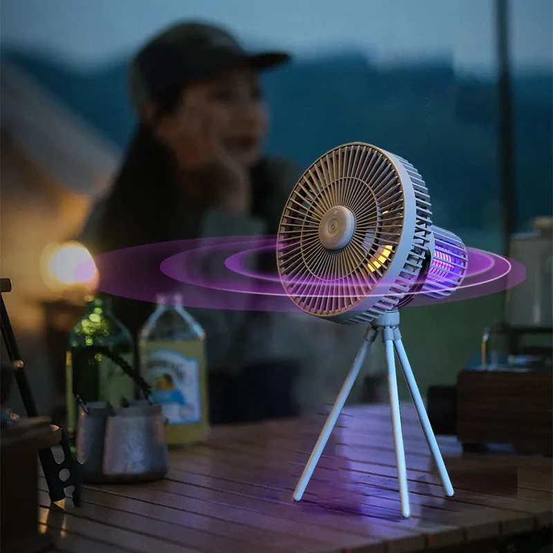 Ventilador de techo para camping exterior con trípode recargable USB con lámpara de matar mosquitos Y función de la fuente de alimentación