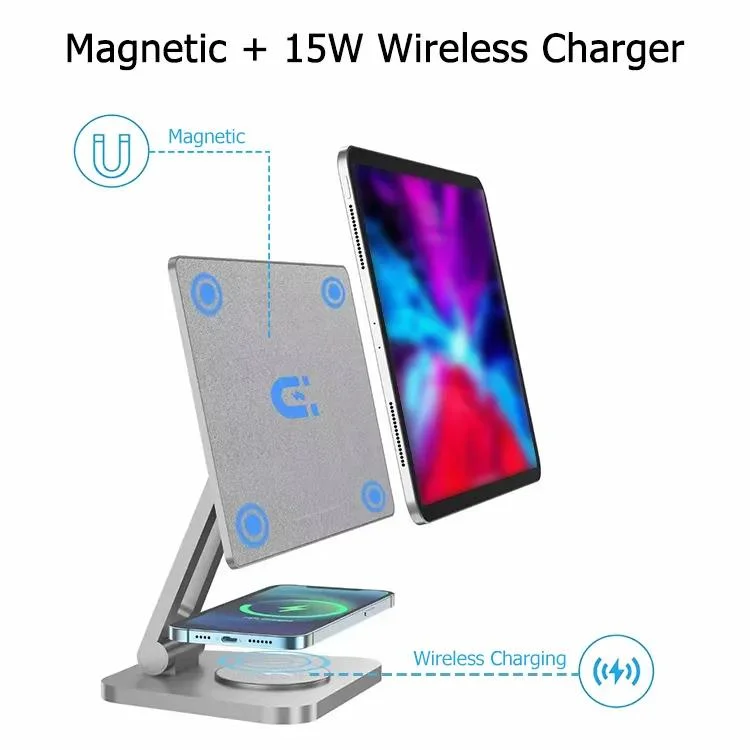 360 Support magnétique pliable en aluminium pour iPad avec charge sans fil