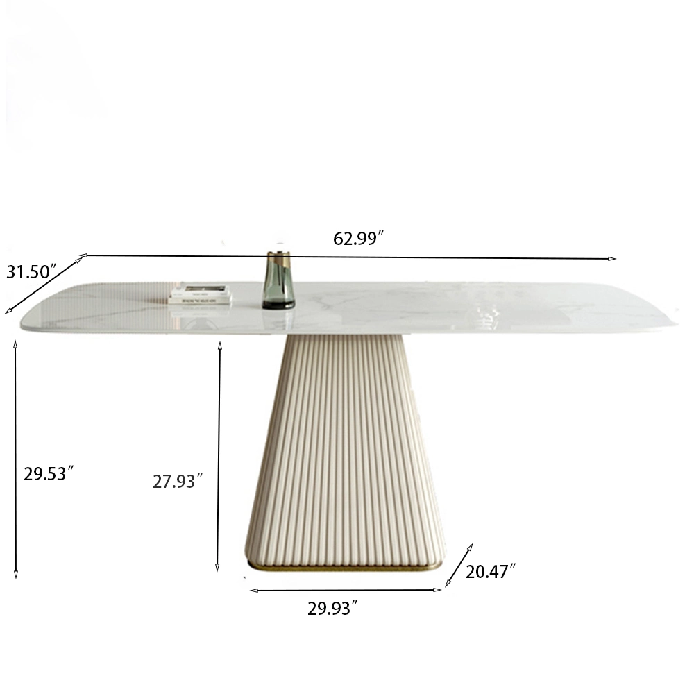 Minimalist White Rectangular Sintered Stone Pedestal Dining Table 63"