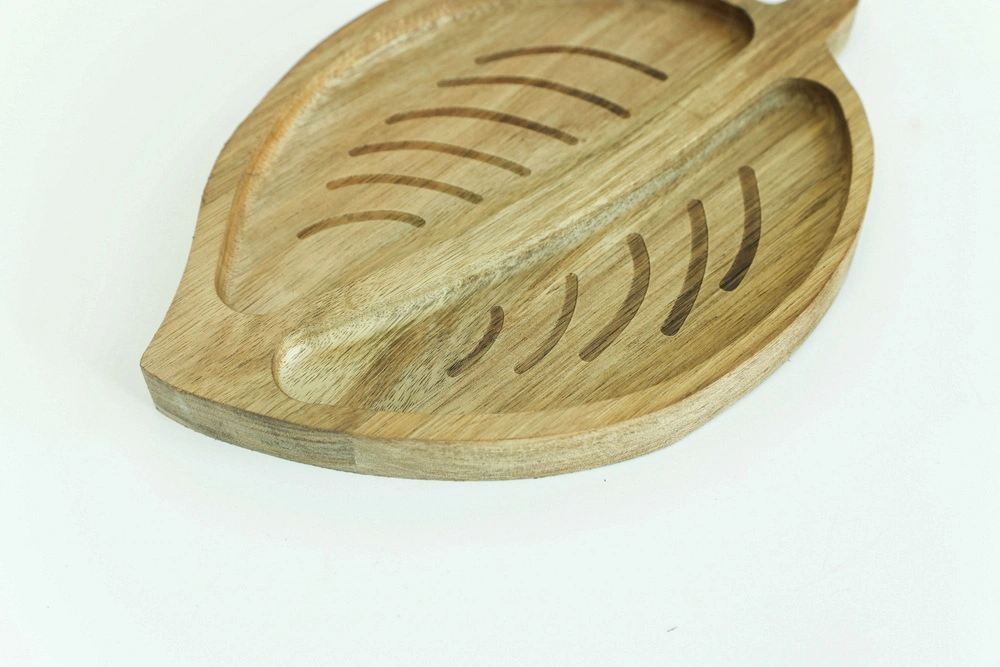 Forma de la hoja platos de madera reutilizables para servir Plato de madera para merienda Pastel