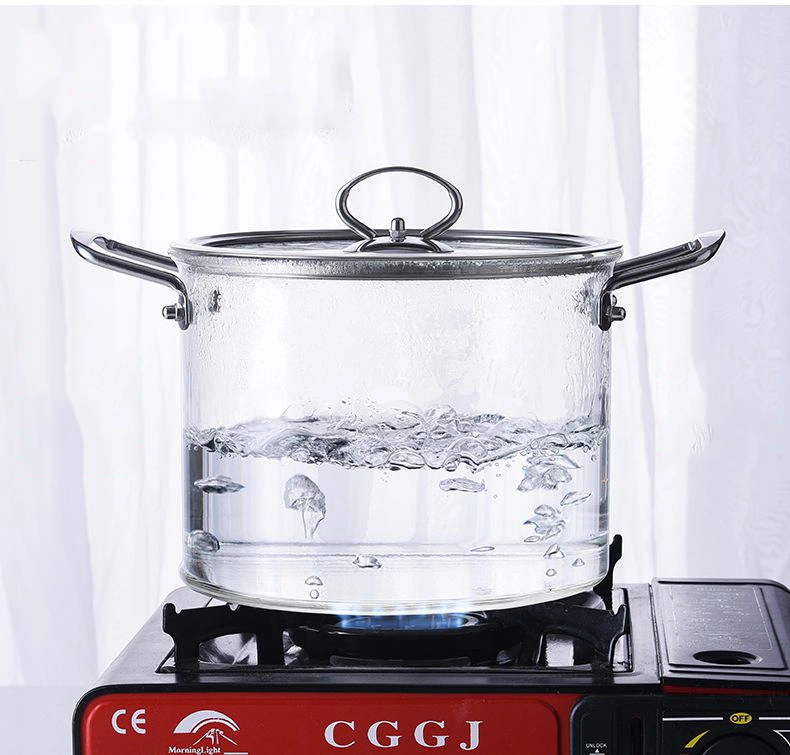 Handblown Heat Resistant Clear Glass Cooking Pans Pots with Glass Cover and Stainless Steel Handle