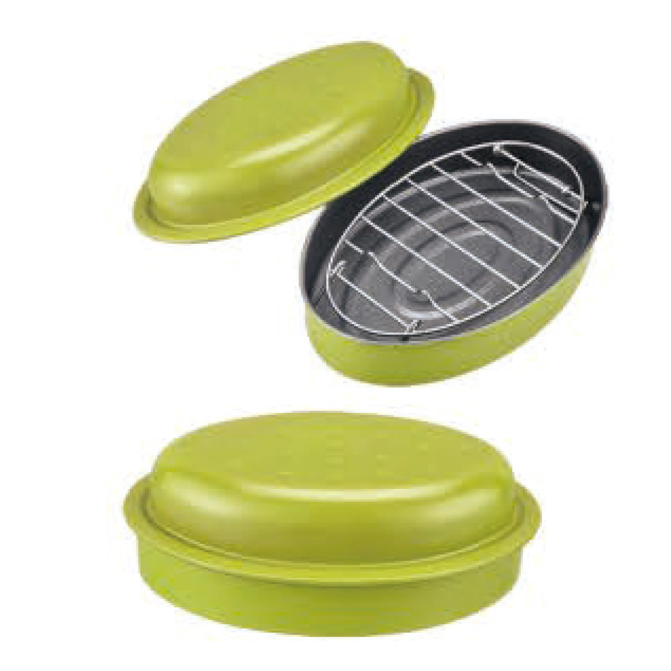 L'émail de couleur argentée torréfacteur Ustensiles de cuisson du poisson de Poulet BBQ ovale émail torréfacteur Pan avec rack