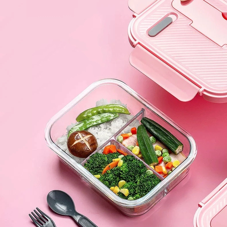 Großhandel/Lieferant 1060ml Glas Lebensmittel Aufbewahrungsbehälter 3 Fächer Glasmehl Vorbereitung Behälter mit Deckel farbige Mittagessen Bento Box Erwachsene Kind Speisen Zubereitungsschalen