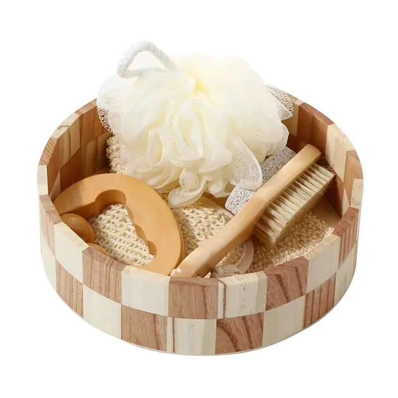 Natural Wood Bath Body Care Gift SPA Kit Facial Brush Konjac Sponge Foot Nail Sisal Bath Glove Belt Set Shower Scrubber Brush