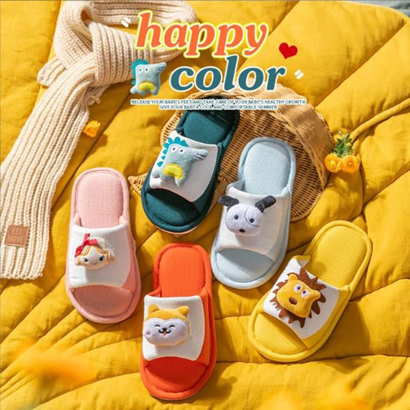 Children Linen Slippers Spring Summer Boys Girls Cartoon Cotton Fabric Home Shoes