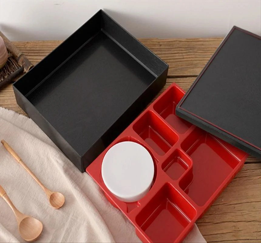 Japanese Style Black and Red Rectangle Bento Box with Bowl