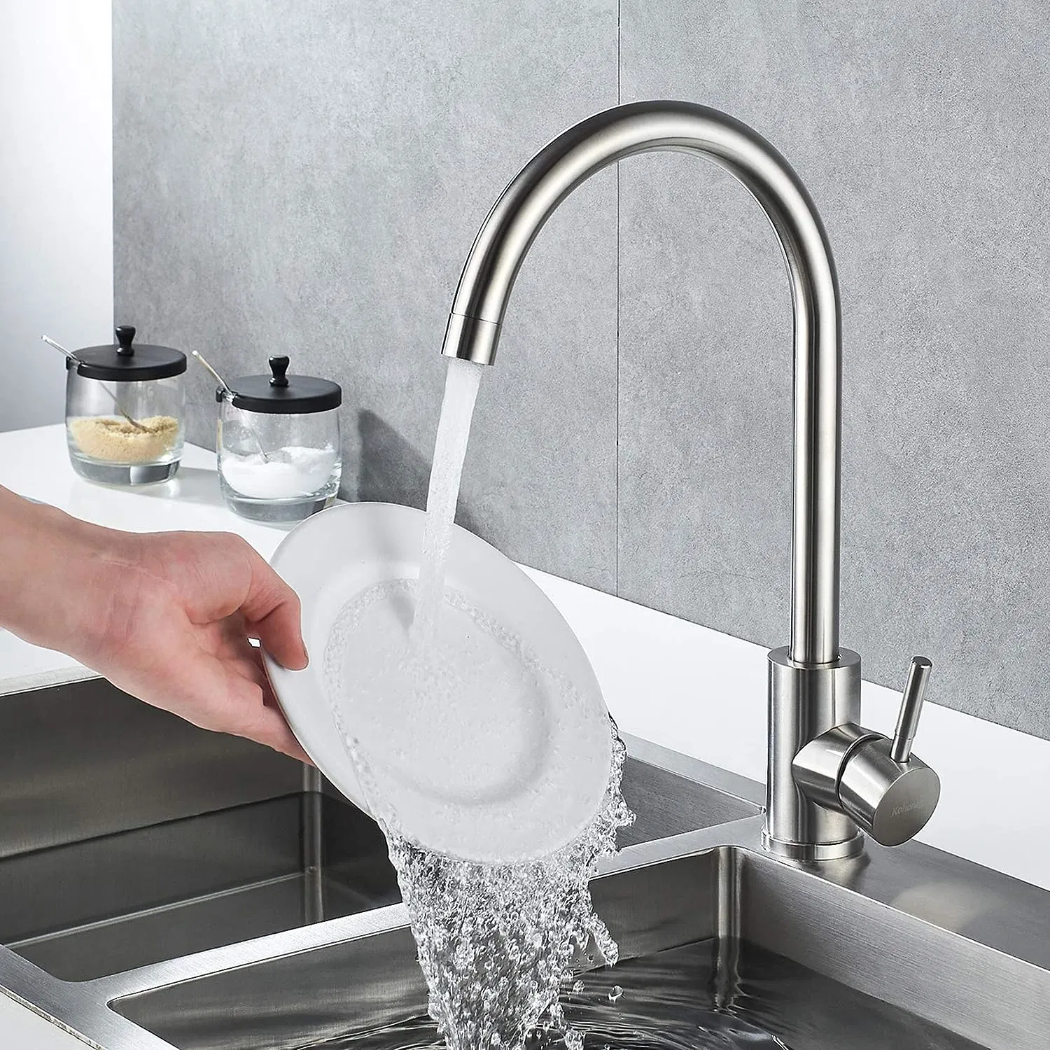 Acero inoxidable grifo de acero inoxidable de acero inoxidable de arco alto de mango sencillo con níquel cepillado Cocina de un solo agujero Comercial Pica grifo moderno un agujero Bar Pica Faucet