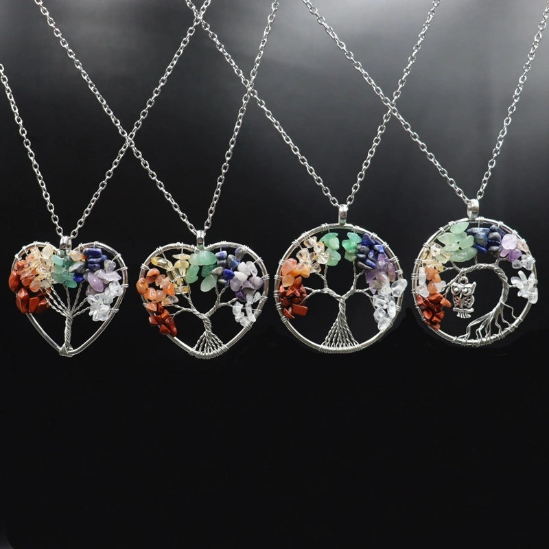 Natural Smooth Gemstone Seven Chakras Chips Tree of Life Healing Color Handmade Gravel Pendant