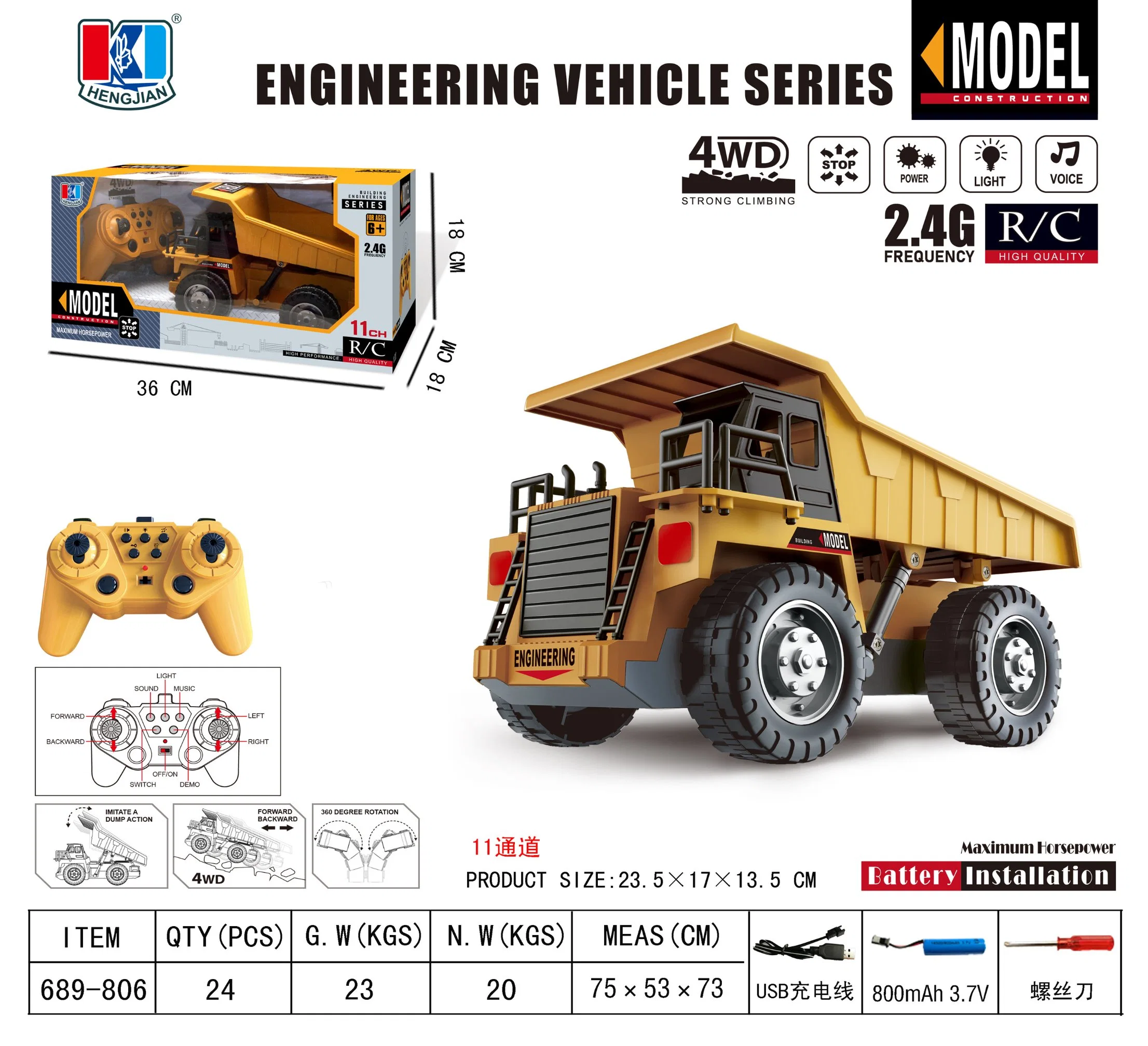 2.4G 4WD de la unidad de control remoto volquete 11CH RC Volquete 2.4G RC Engineering Carretilla con luz y música para niños