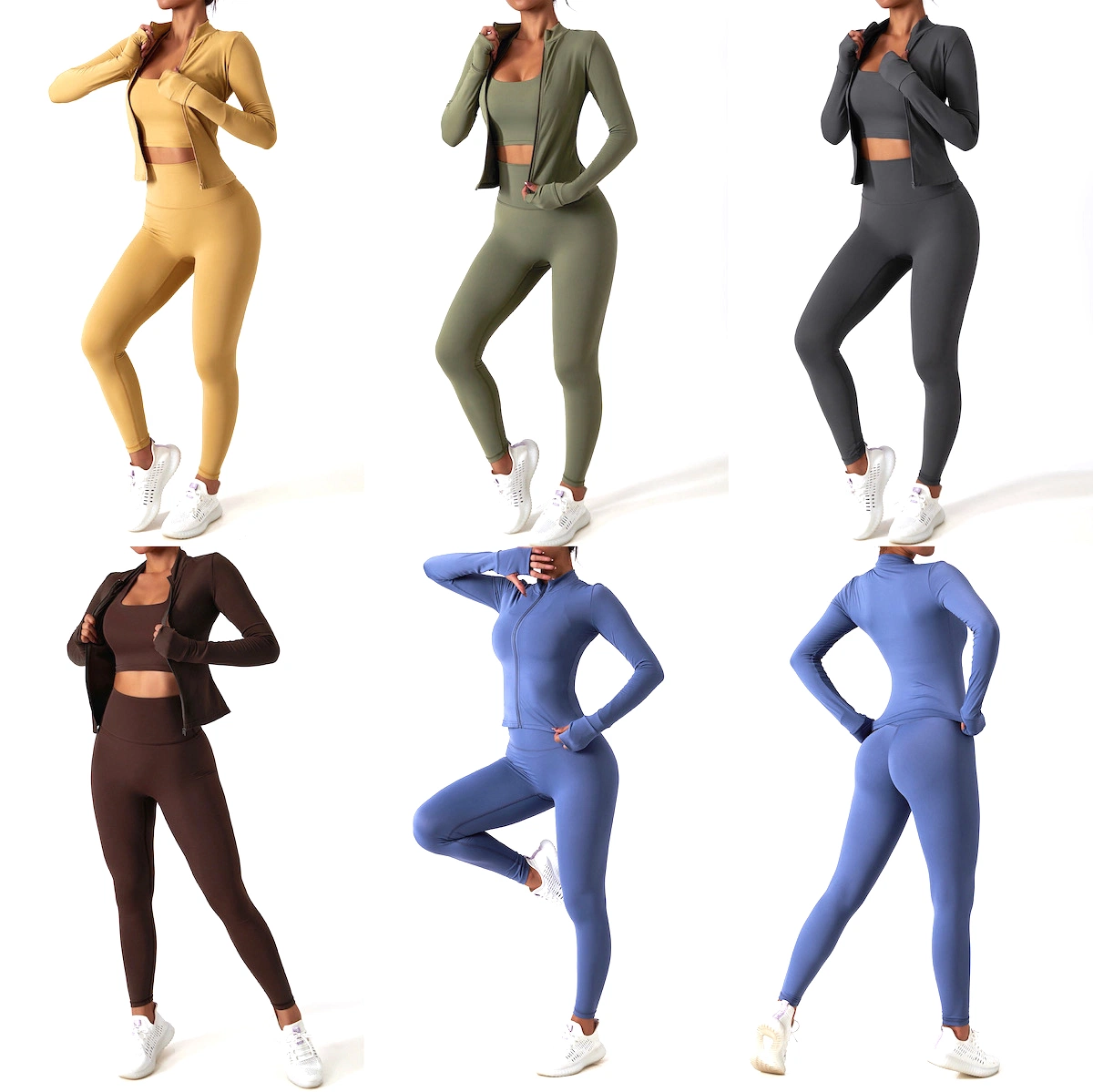 New Premium 2/3PCS Fashion Workout Clothes Ropa De Yoga Fitness Apparel for Women, Halter Neck Sports Bra + Long Sleeve Zipper Jacket + Gym Leggings Tracksuit