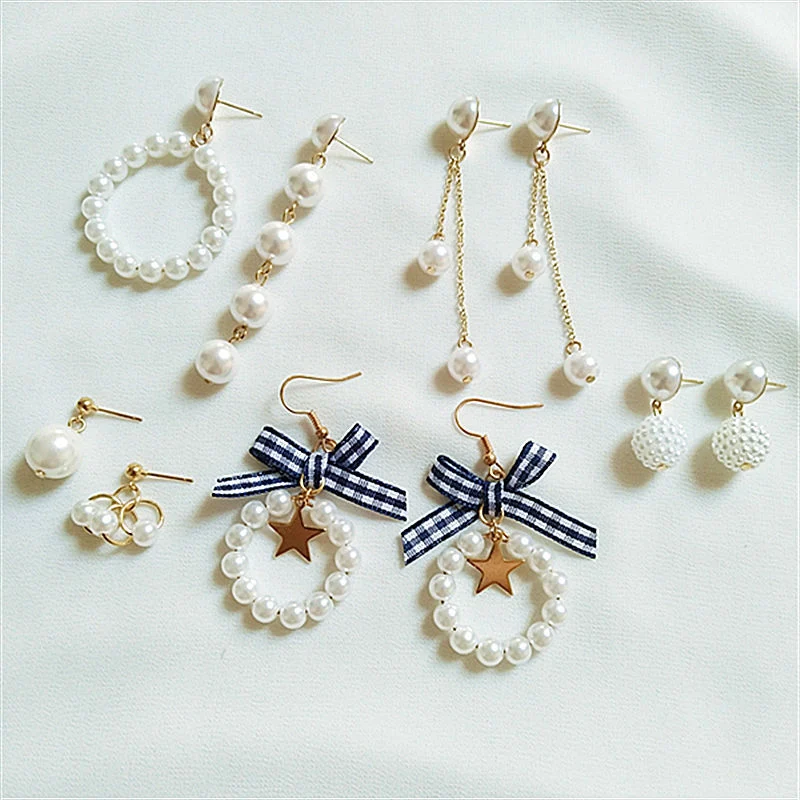 Sweet Jewelry Simple Pearl Tassel with Star&Bowknot Stud Earrings