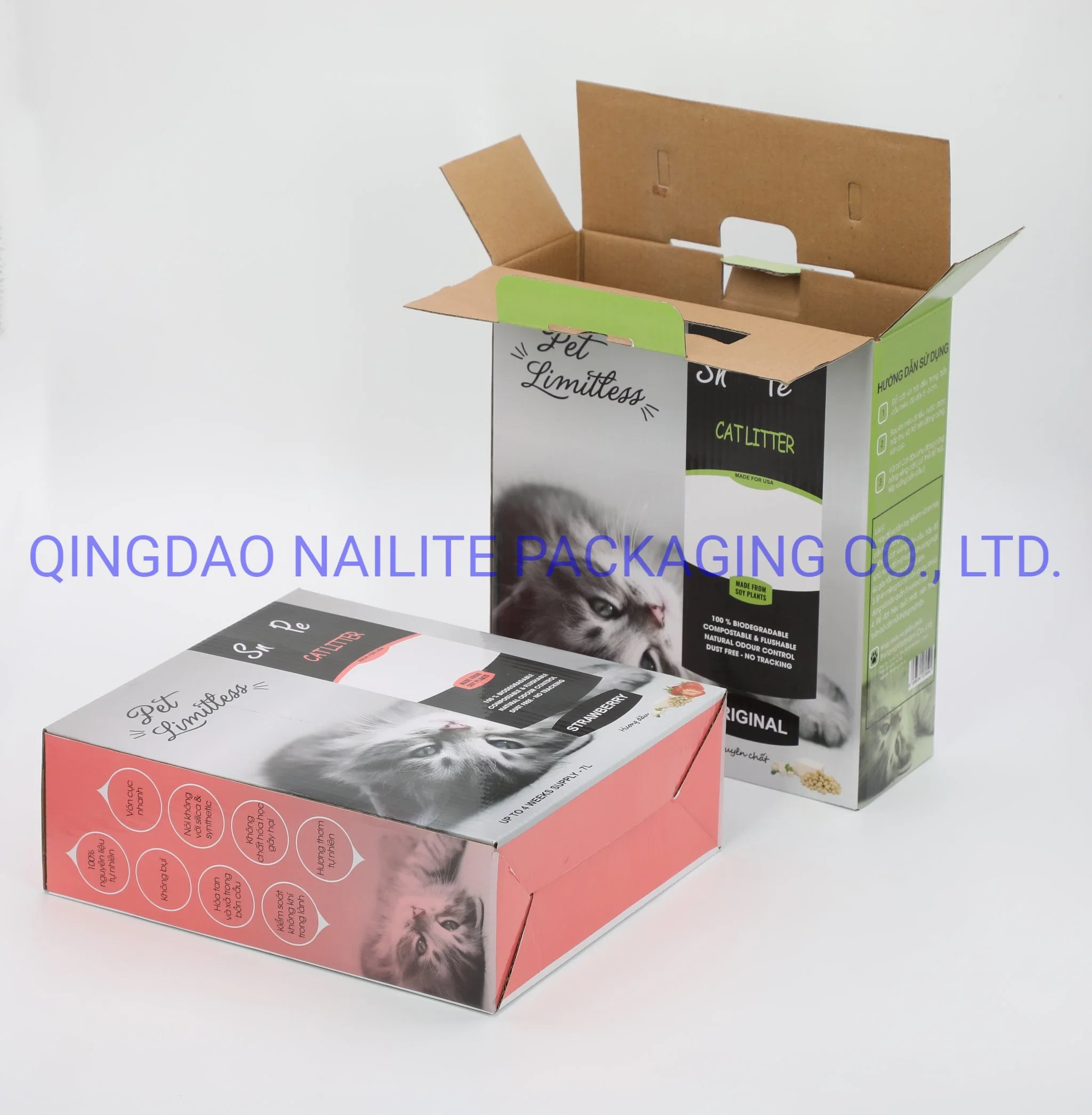 Recycling Customized Color Printed Laminating Corrugated Paper Package with Logo for Pet Food/Pet Snacks/Pet Toys/Cat Litters with Handle